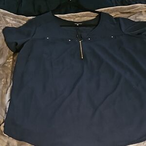 Blue Quarter-Zip Short Sleeve Blouse